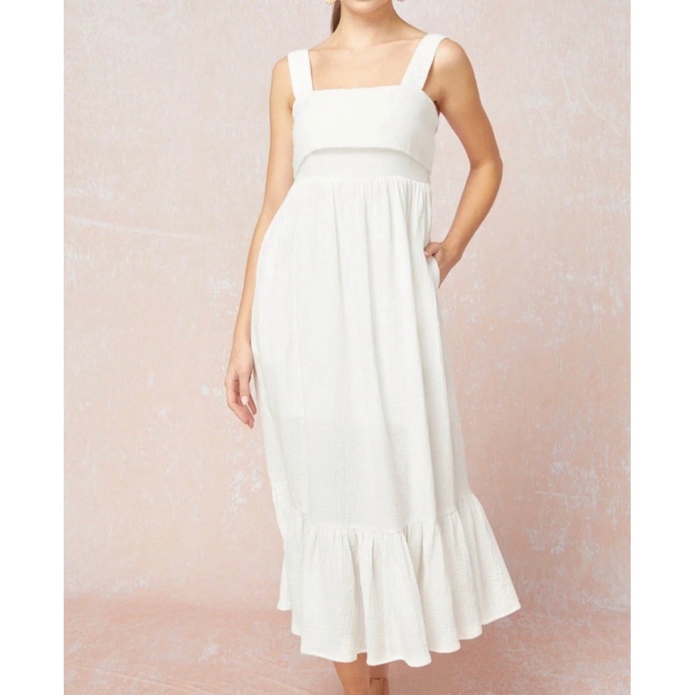 ENTRO White Beachy Coastal Prairie Boho Romantic Tiered Ruffle Flowy Dress LARGE